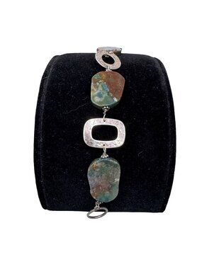 Signed JBB Sterling Silver Moss Agate Bracelet Textured Oval Rectangle Link 8"